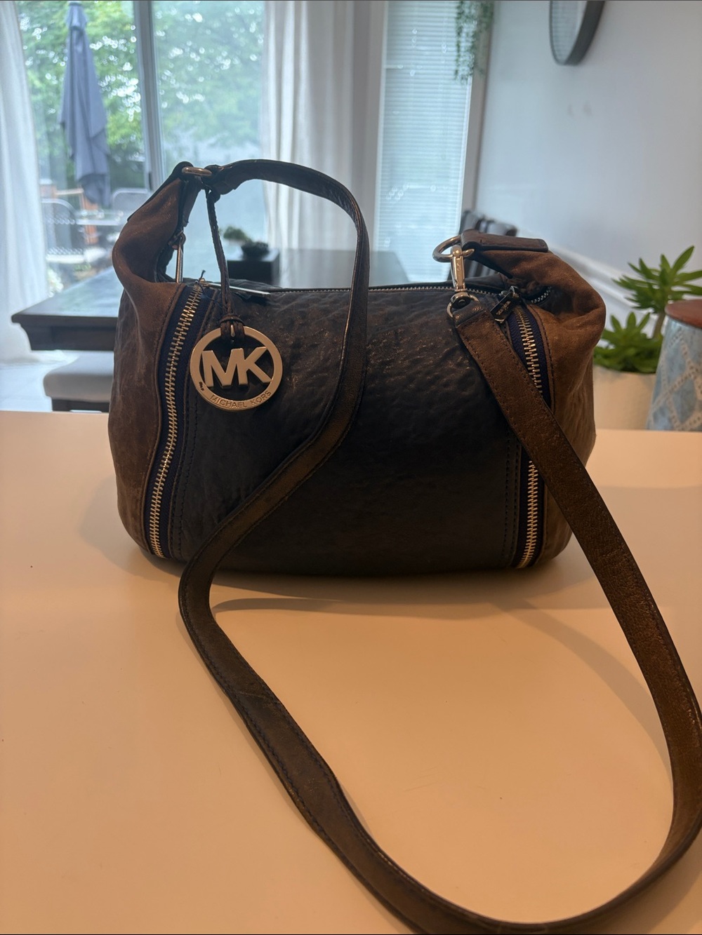Michael Kors Two-Tone Blue and Brown distressed pebbled Leather Crossbody Bag